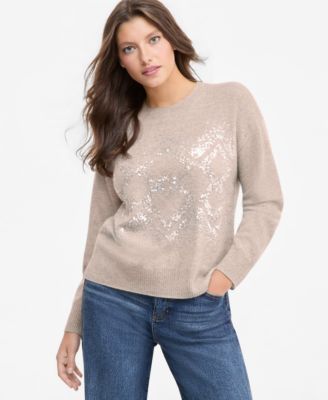 Women's 100% Cashmere Long-Sleeve Sequined Crewneck Sweater