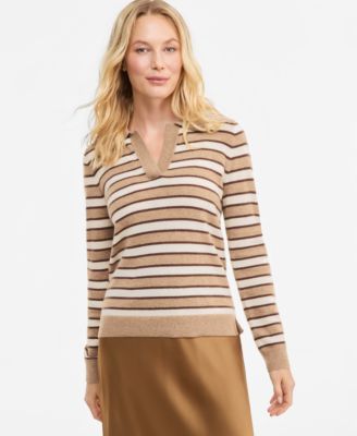Women's 100% Cashmere Striped Collared V-Neck Sweater