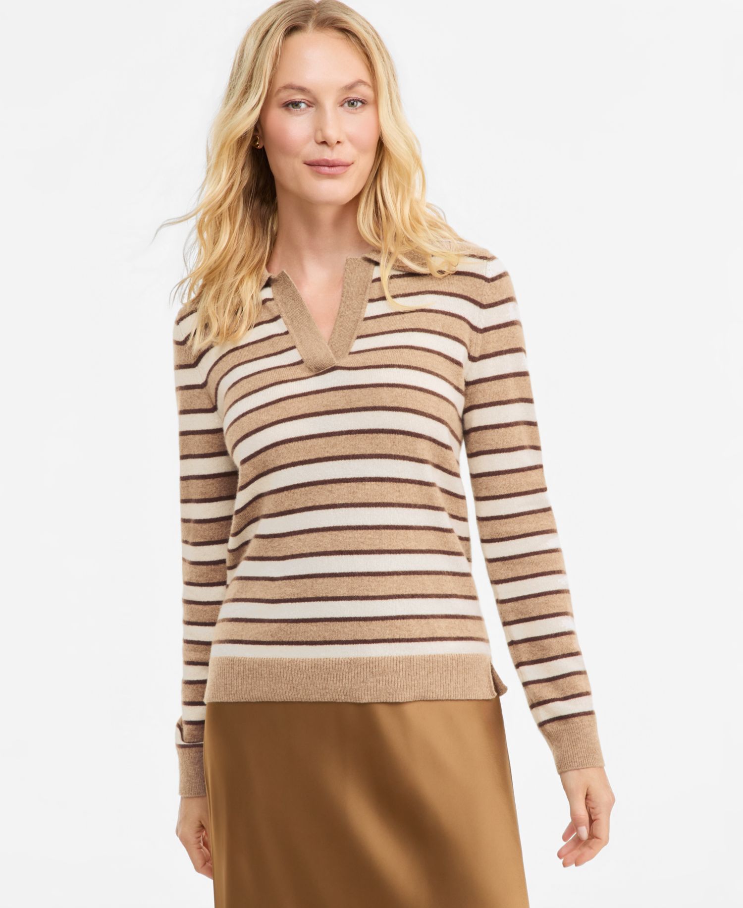 Women's 100% Cashmere Striped Collared V-Neck Sweater