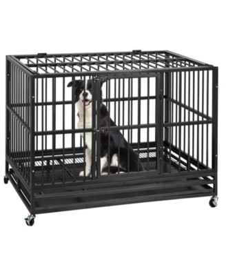 47'' Heavy Duty Escape Proof Dog Crate and Kennel Steel Large Dog Cage with Doors, Lockable Wheels, Removable Trays, Waterproof UV Cover