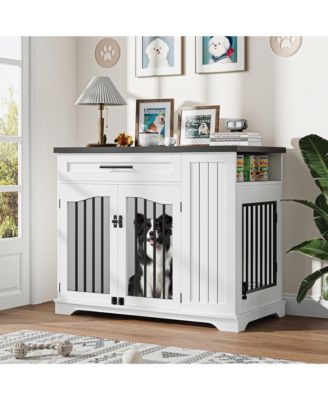 44 Inch Heavy Duty Wooden Dog Crate Furniture with Drawer, Side Storage and Built-In Feeding Station Modern Kennel End Table for Large Dogs