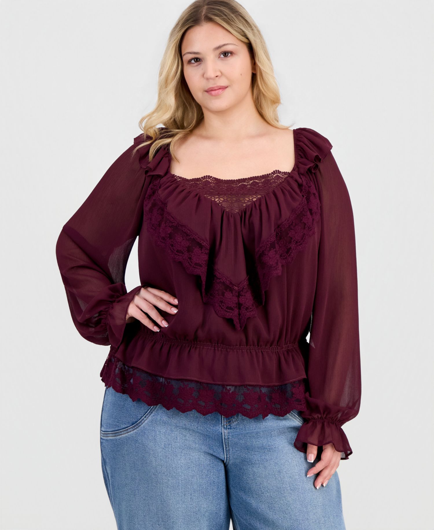 Plus Size Ruffle Long-Sleeve Lace-Trim Top