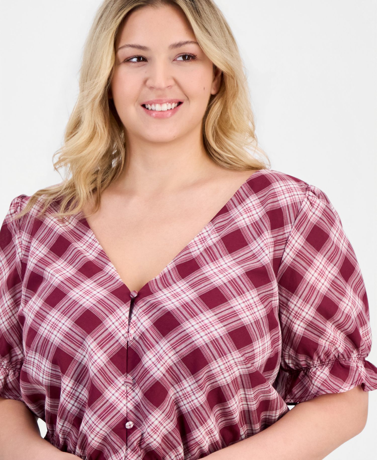 Trendy Plus Size V-Neck Button-Front Cotton Peplum Top