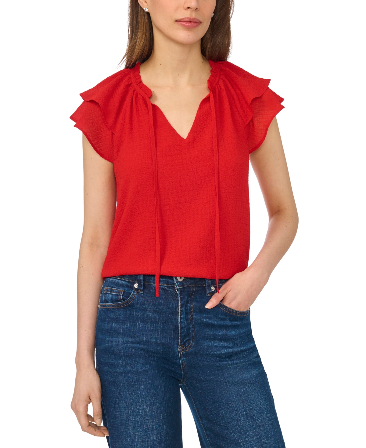 CeCe Women's Flutter-Sleeve Tie-Neck Top