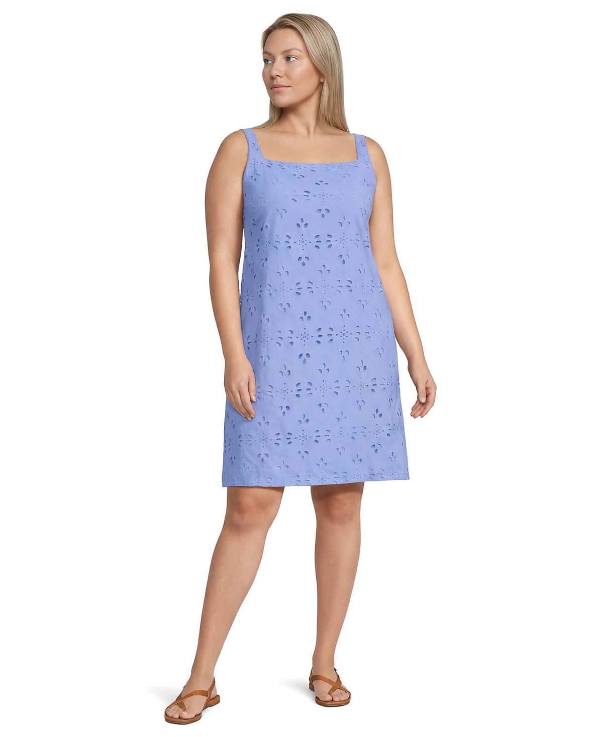 Lands' End Plus Size Sleeveless Eyelet Shift Above the Knee Dress - Clear blue sky eyelet
