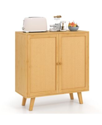 Bamboo Buffet Storage Cabinet with PE Rattan Doors, 31.5 x 13.5 x 33.5 in