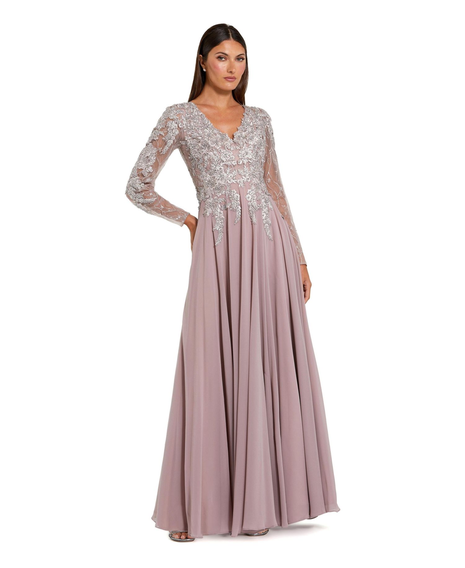 Women's Floral Embroidered Illusion V-neck A-line Gown