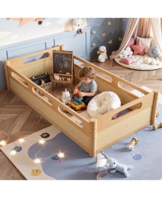 Floor Platform Bed with Guardrails, Low Profile, No Box Spring Needed