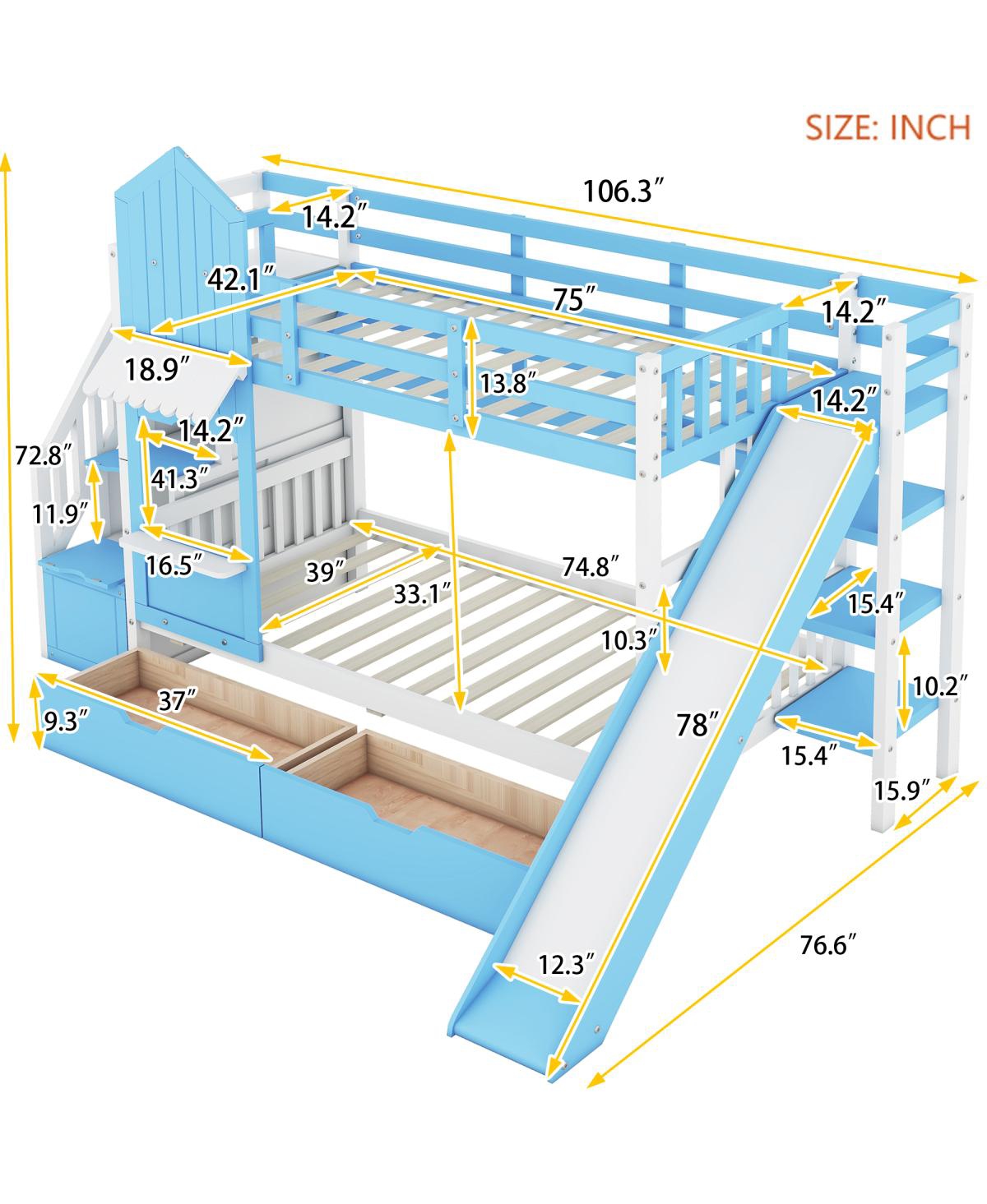 Streamdale Furniture Twin-Over-Twin Castle Style Bunk Bed with 2 Drawers 3 Shelves and Slide