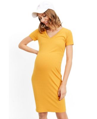 Women's Maternity Ribbed Bodycon Short Sleeve V-Neck Dress