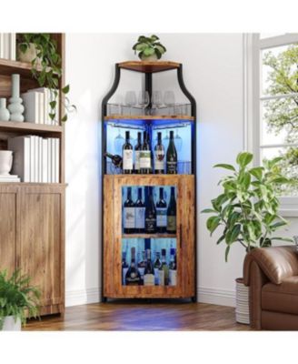 Corner Bar Cabinet, Wine Bar Cabinet with Adjustable Shelf and Glass Holder, 5-Tiers Storage Space Corner Liquor Cabinet