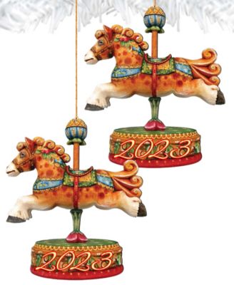 2023 Dated Carousel Horse Christmas Wooden Ornaments Holiday Decor Set of 2 G. DeBrekht