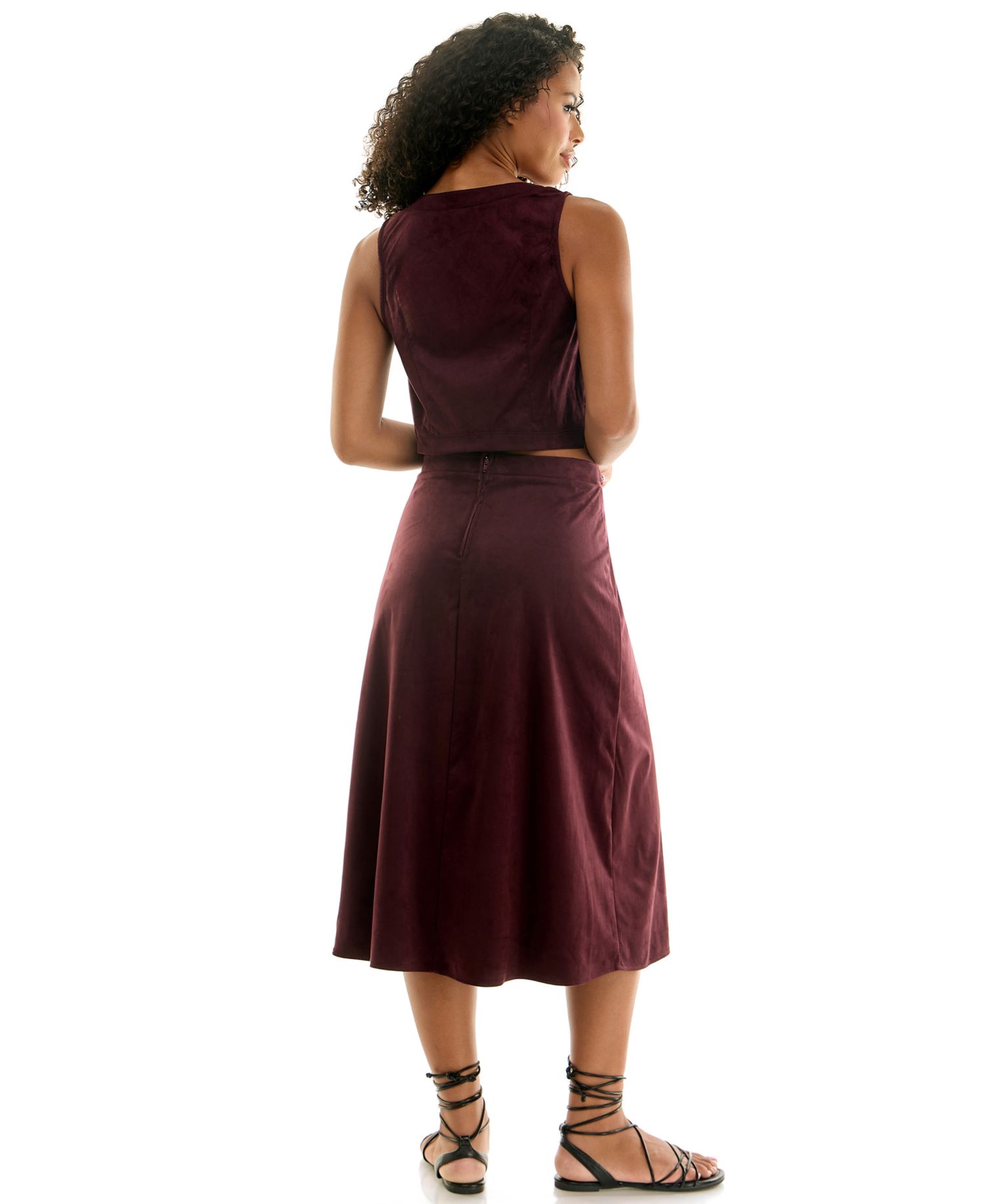 Juniors' Suede V-Neck Studded Vest and Midi Skirt Set