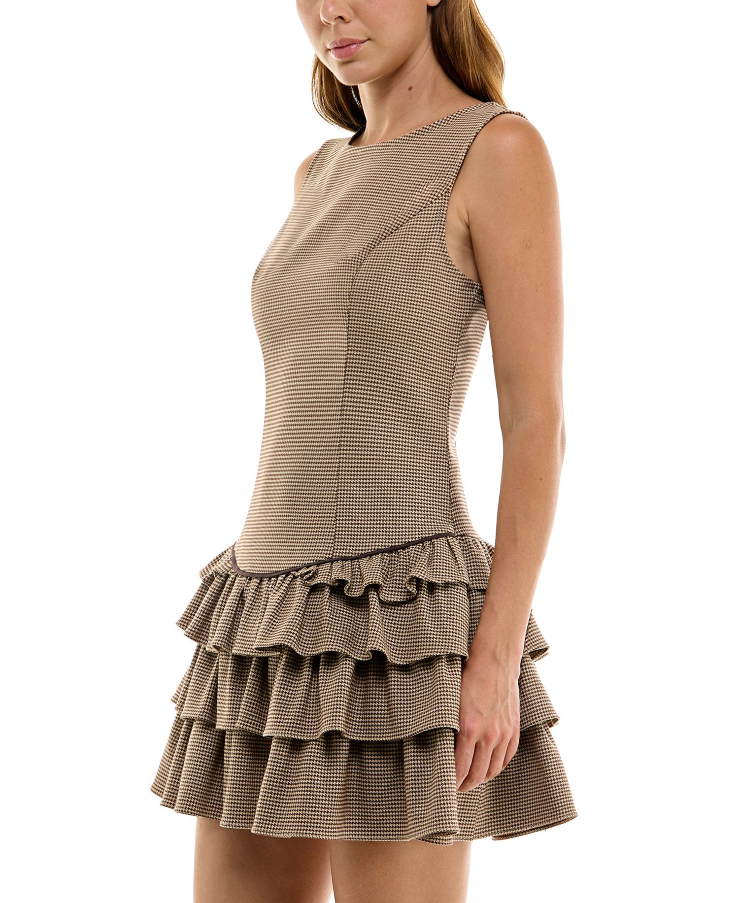 Juniors' Houndstooth Boat Neck Tiered Skirt Mini Dress