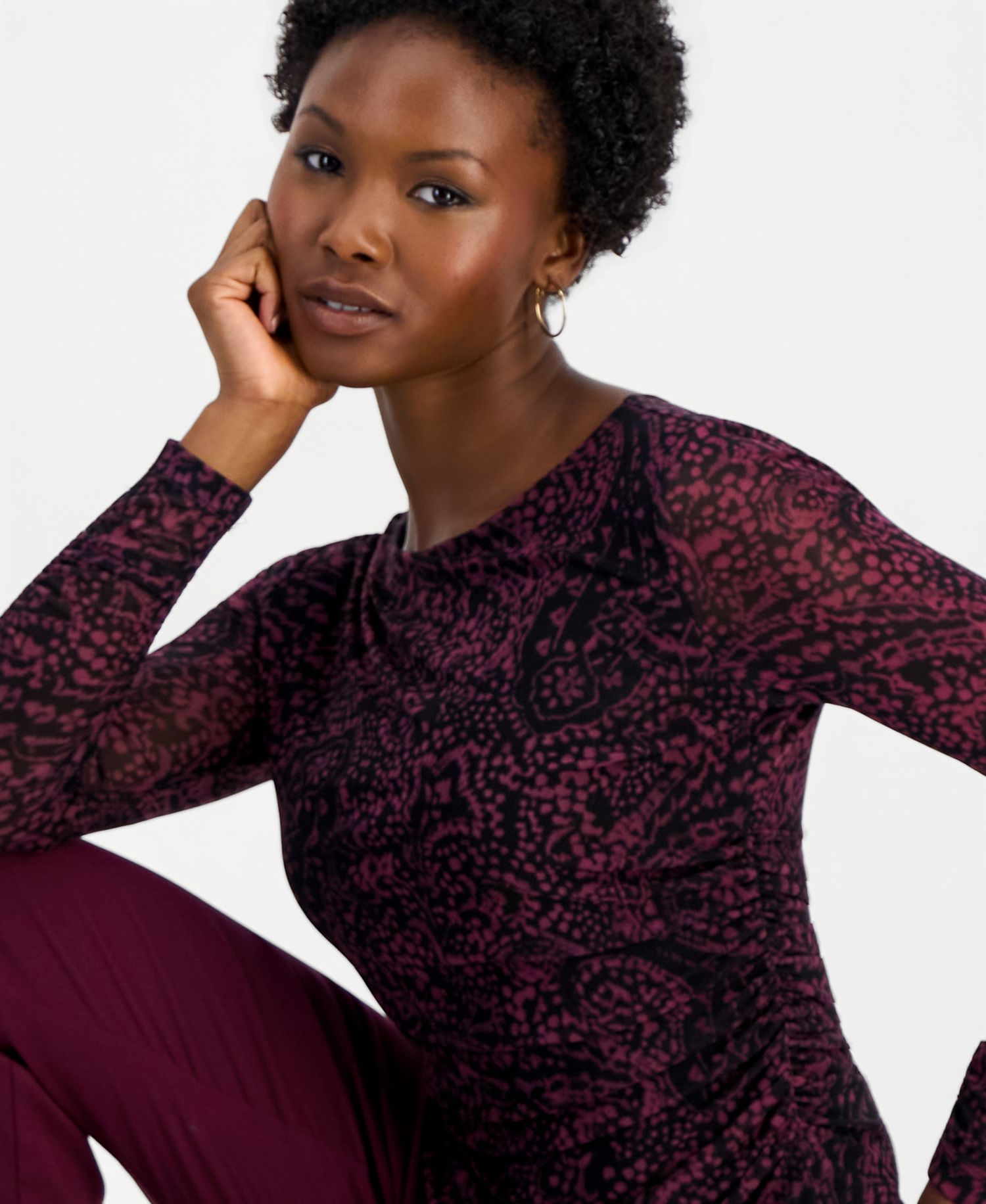 Women's Petite Long-Sleeve Ruched Mesh Top