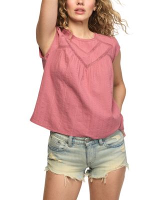 Women's Crewneck Lace Yoke Flutter Top