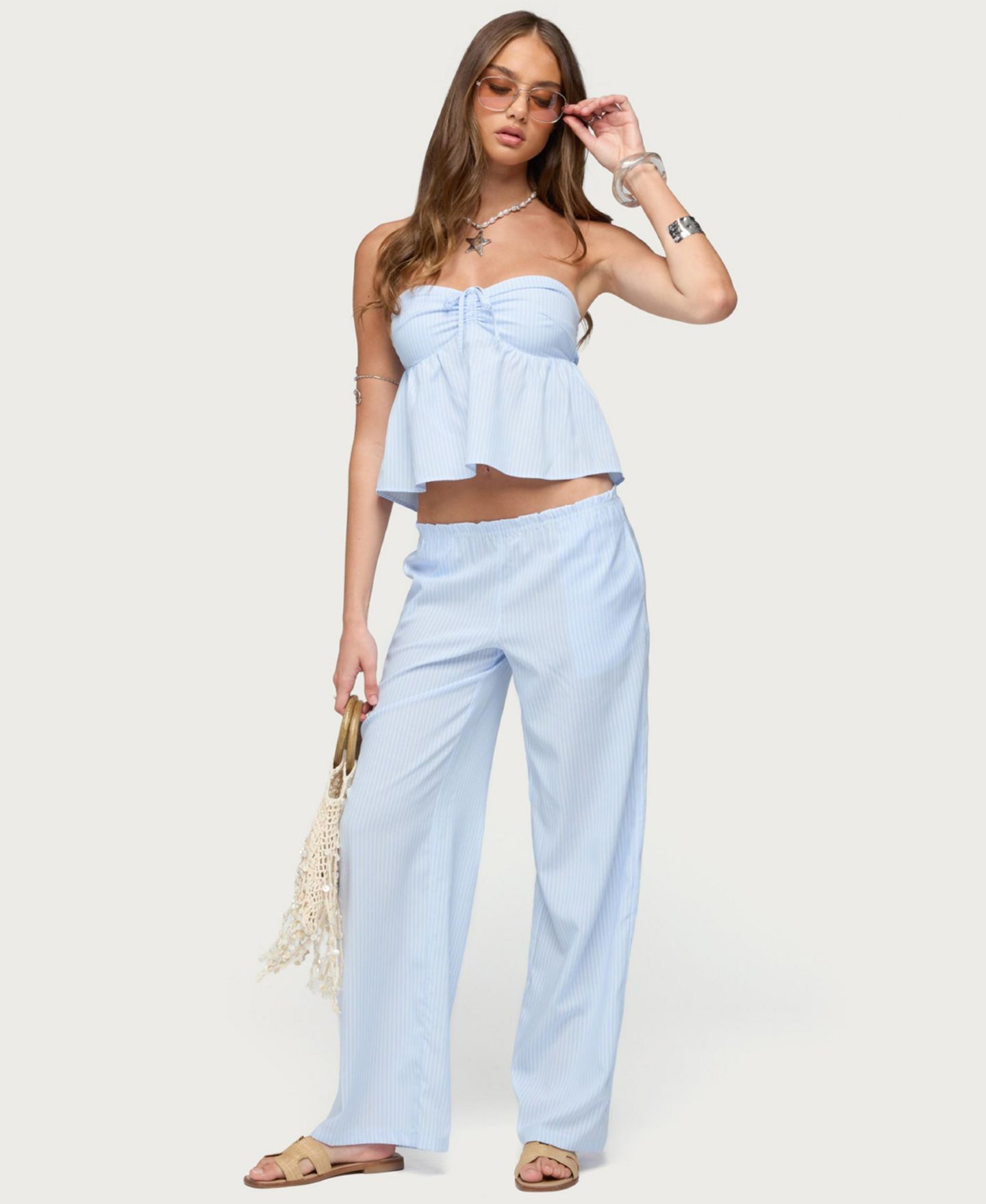 Женский топ Edikted Cersei Striped Tie Front Strapless, цвет: Светлый синий — фото 5