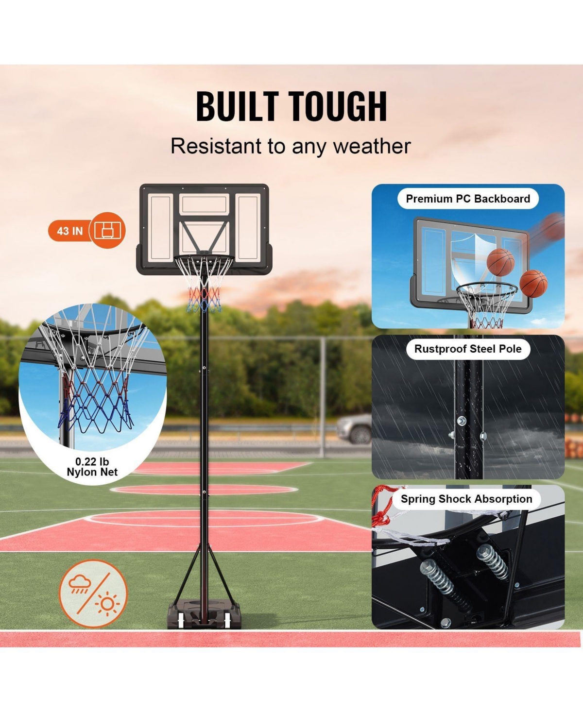 Sevorley Portable 4-10 ft Adjustable Basketball Hoop with 44 in Backboard and