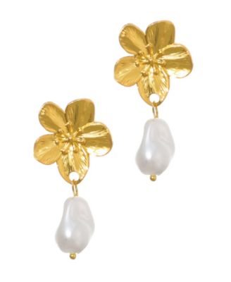 Tarnish Resistant Gold Freshwater Pearl Statement Flower Drop Earrings