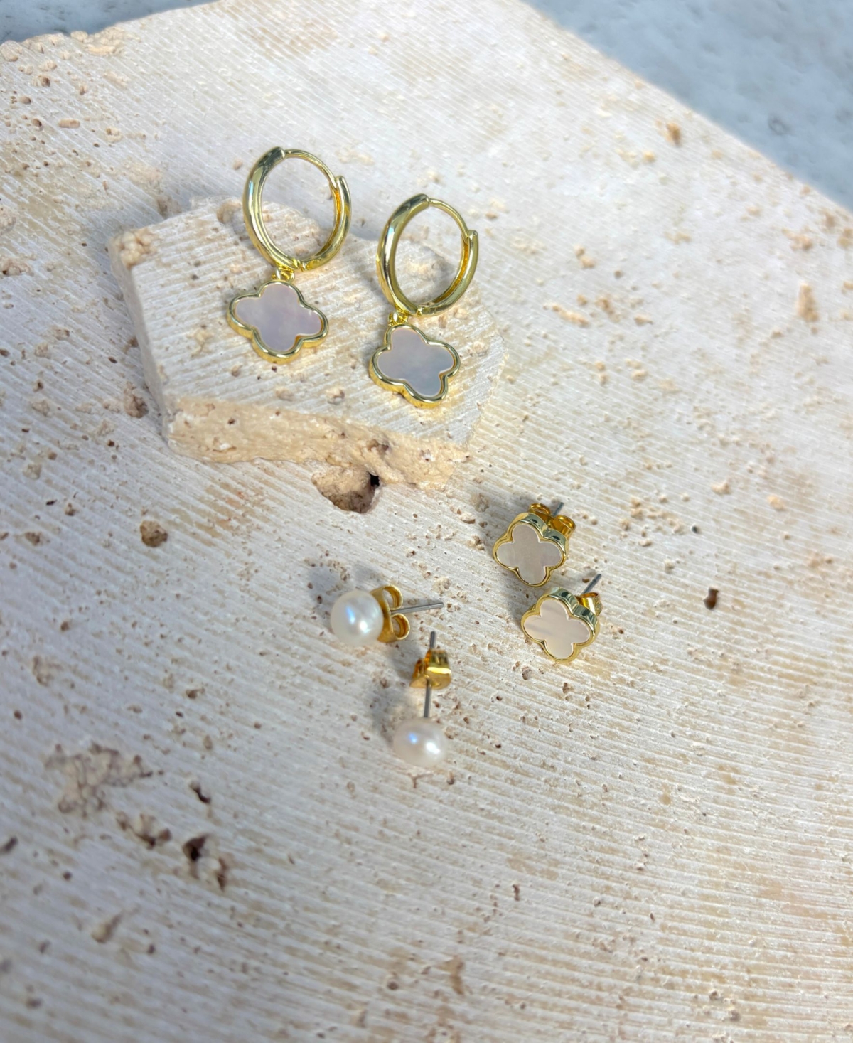 Adornia Gold Natural Freshwater Imitation Pearl and Clover 3-Piece Earring Set