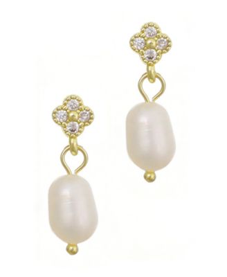 Gold Natural Freshwater Pearl Cubic Zirconia Clover Drop Earrings