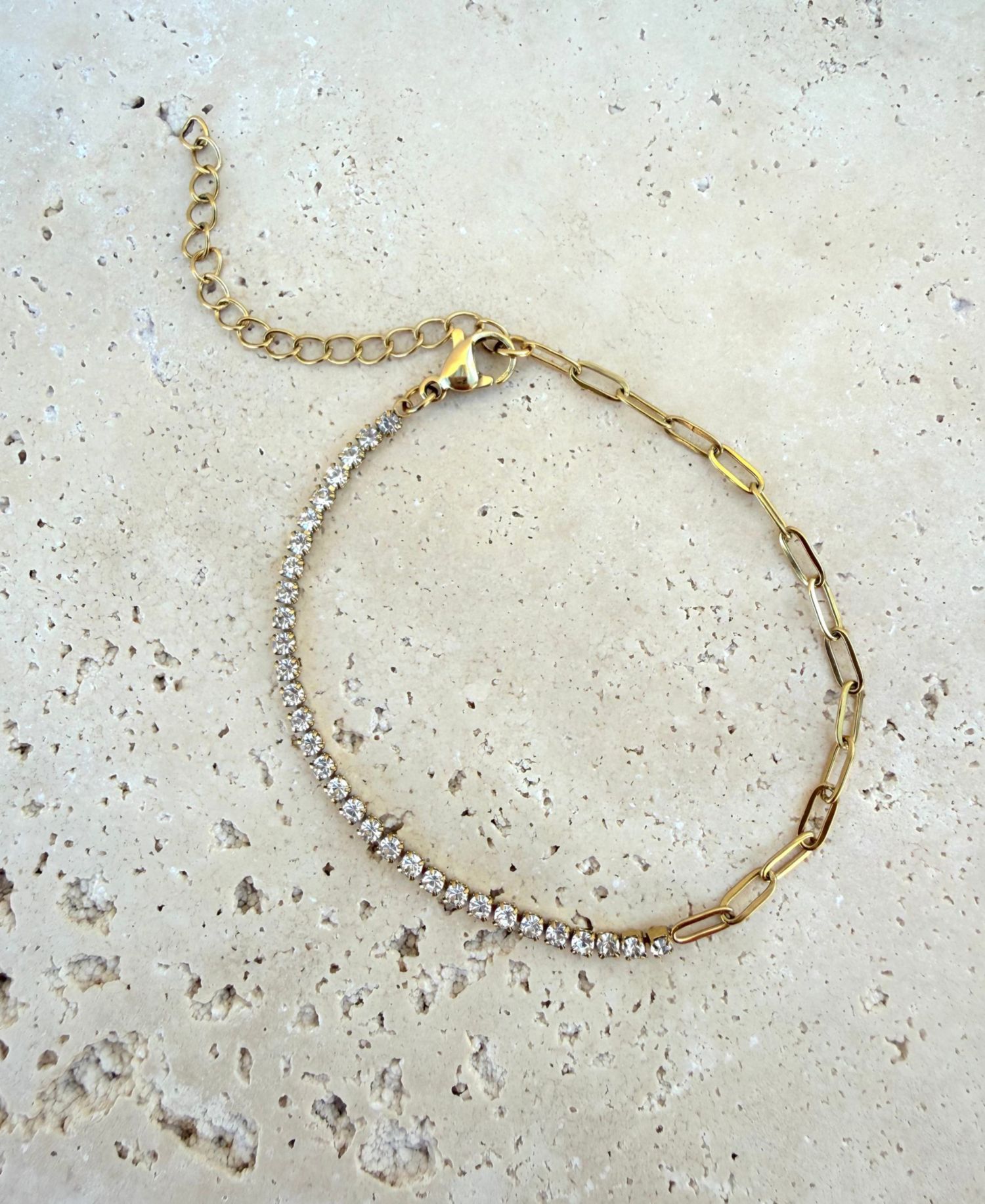 Tarnish Resistant Gold Half Tennis and Paperclip Chain Anklet