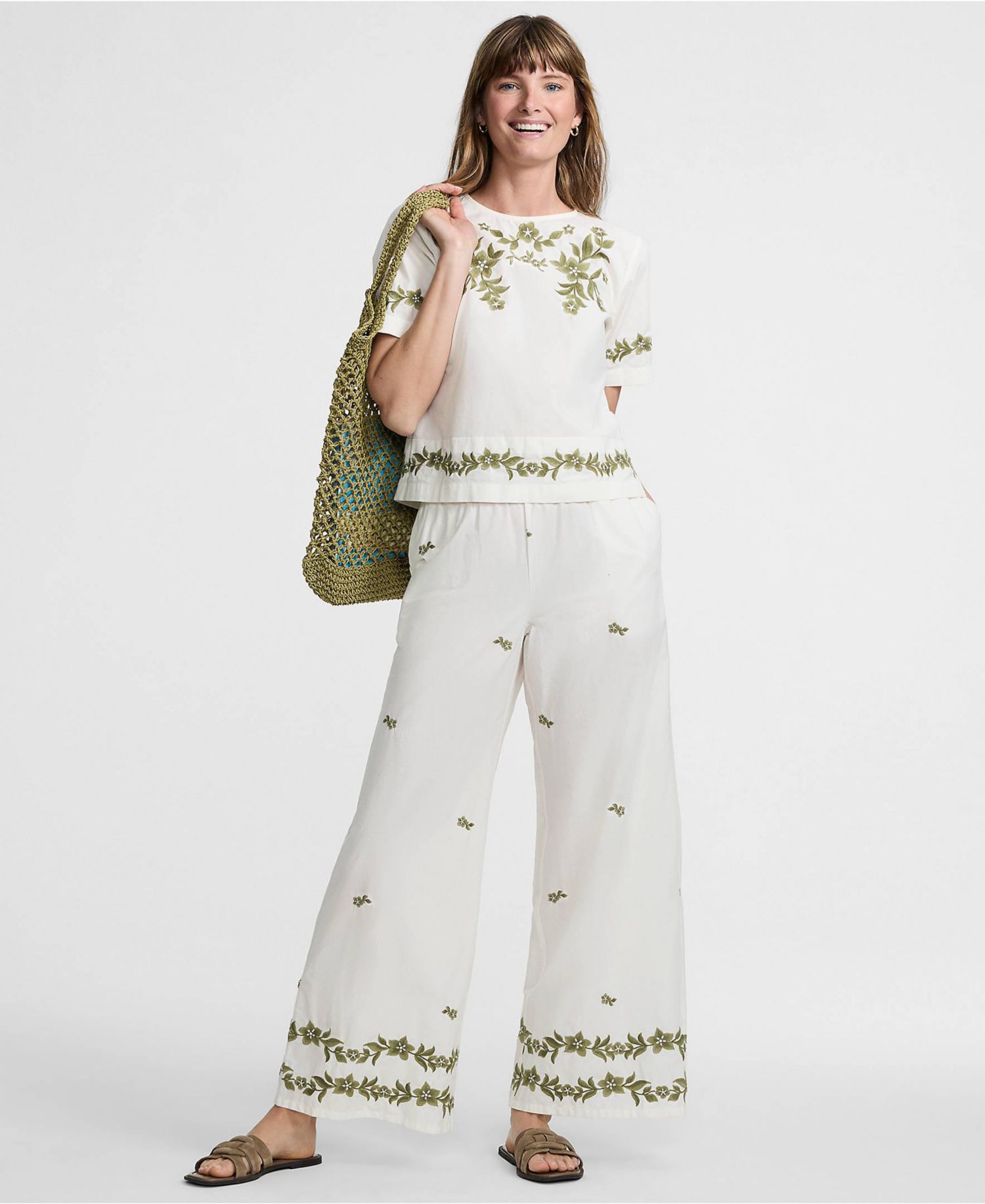 Women's Poplin High Rise Extra Wide Leg Embroidered Pants
