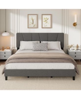 California Platform Bed Frame with 3-Level Adjustable Headboard, Linen Upholstered Bedframe with Noise-Free Slats