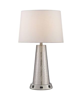 Modern Table Lamp with USB and AC Power Outlet Workstation Charging Base 25.75" High Hammered Silver Leaf Drum Shade Living Room