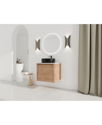 Wall Mounted Modern Bathroom Vanity with Plywood Cabinet, Stone Countertop, Ceramic Vessel Sink for Small Spaces