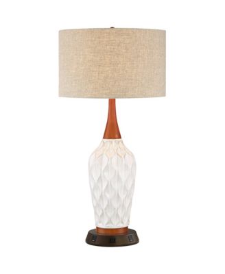 Mid Century Modern Table Lamp with USB and AC Power Outlet Workstation Charging Base 30" Tall Ceramic Drum Shade Bedroom