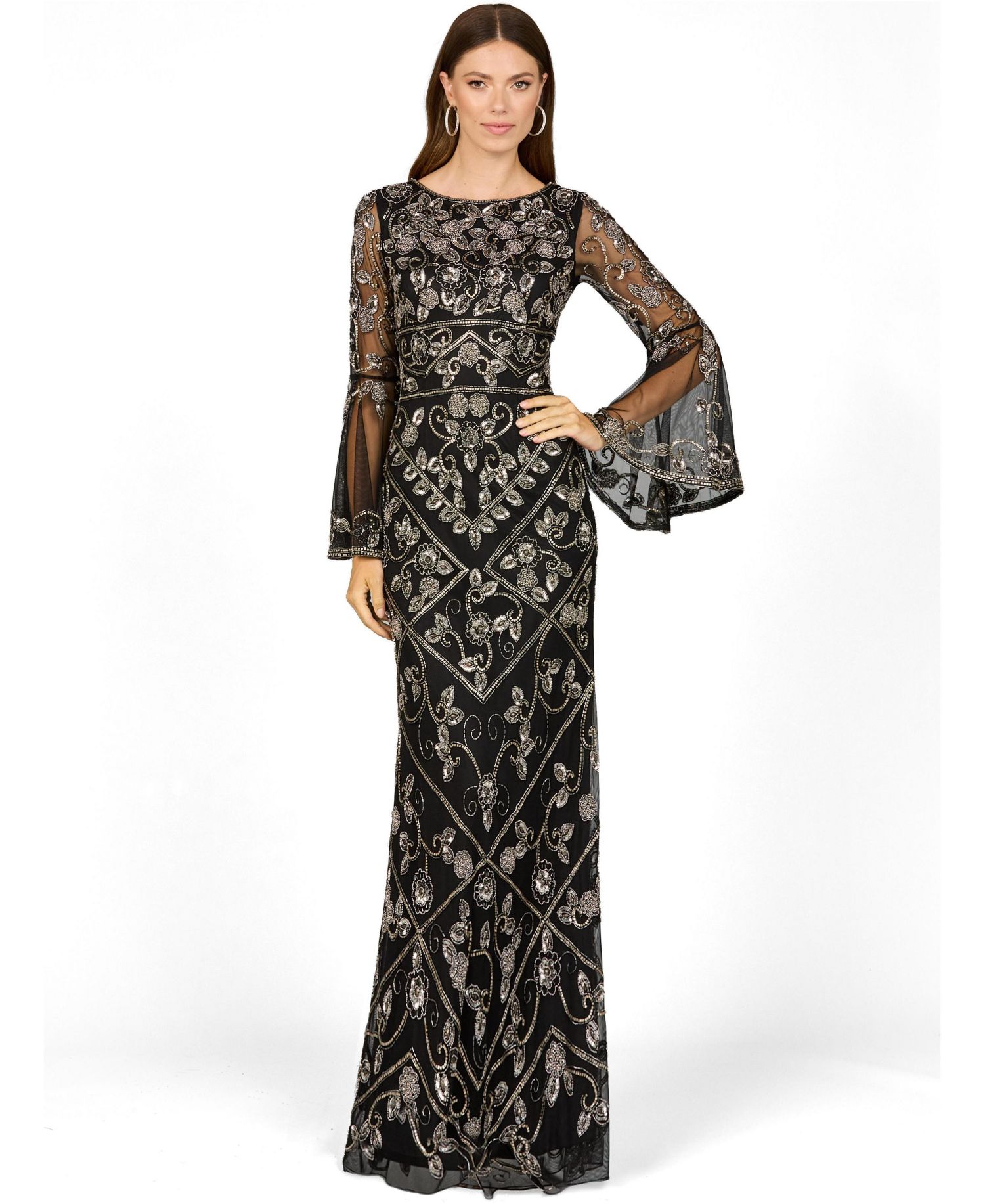 Women's Bell Sleeved High Neck Beaded Gown