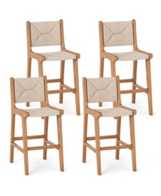 Set of 4 Counter Height Bar Stools with Hand-Woven Paper Rope Seat and Teak Wood Frame
