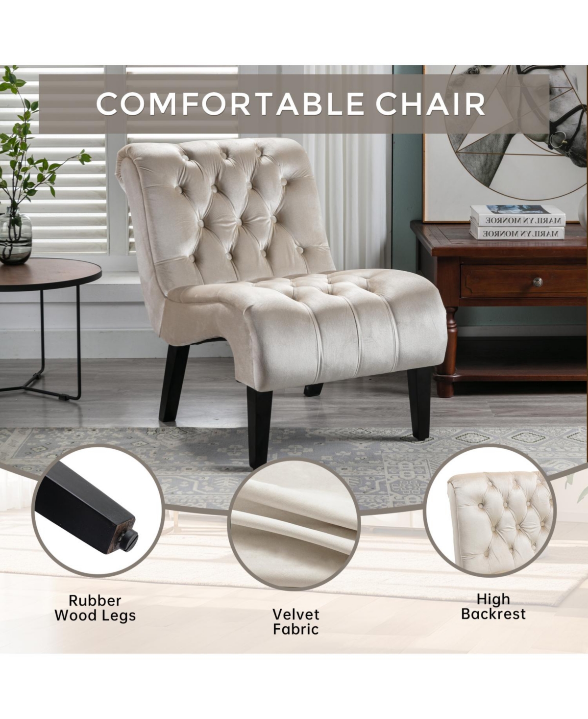 Rainsken Comfy Velvet Accent Chair, with Tufted Backrest, Upholstered Armless Side Solid Rubber Wood Legs, for Bedroom, Living Room