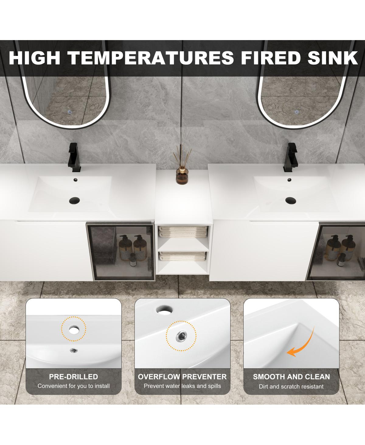 Sillysis Double Sink Wall Mounted Bathroom Vanity with Ceramic Basin, Modern Floating Plywood Cabinet