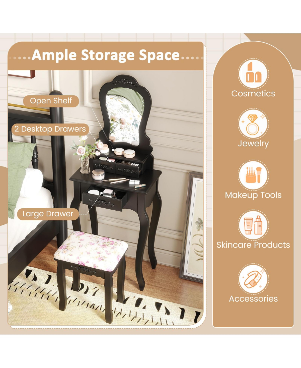 Volenca 3-Drawer Makeup Vanity Set with Fan-Shape Mirror, Cushioned Stool, Black
