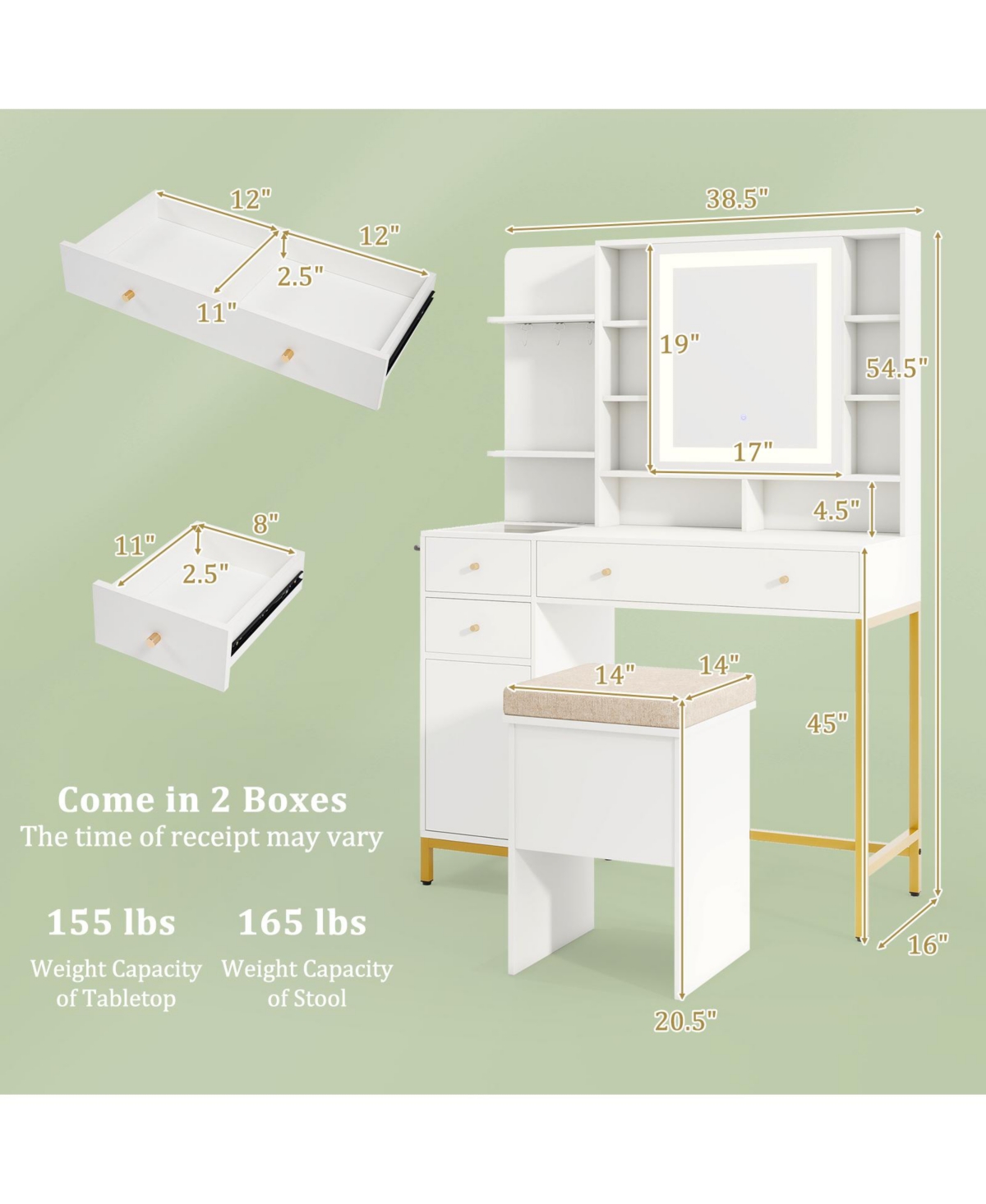 Volenca Vanity Desk with 3-Mode Lighting, Cabinet, and Stool, Trim