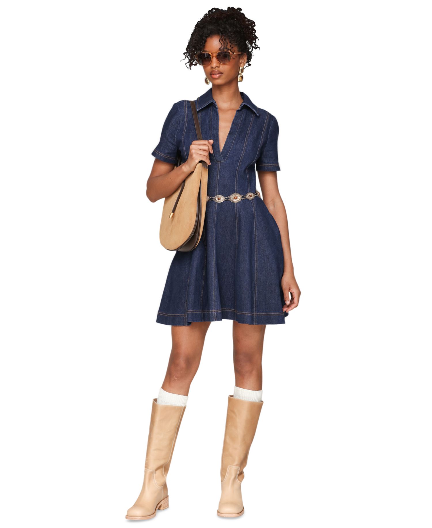 Women's Denim Collared Fit and Flare Mini Dress