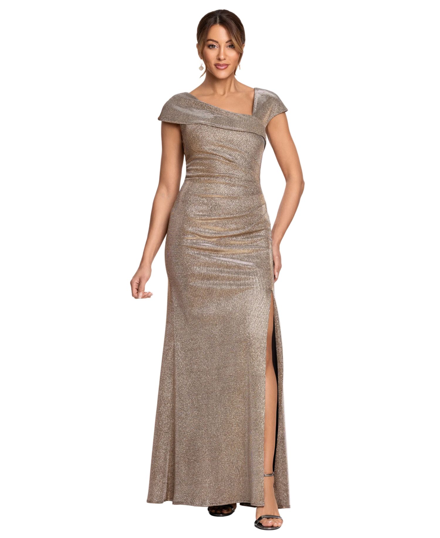 Petite Metallic Asymmetrical Neckline Sleeveless Gown