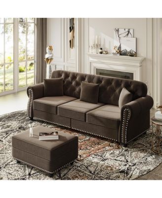 82.6'' Velvet Chesterfield Sofa with Nailhead Trim and 3 Pillows