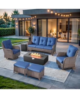 7 Pieces Outdoor Patio Furniture Sets with Fire Pit Kit,All Weather Wicker Sectional Sofa with Patio Swivel Chairs and Thick Cushion