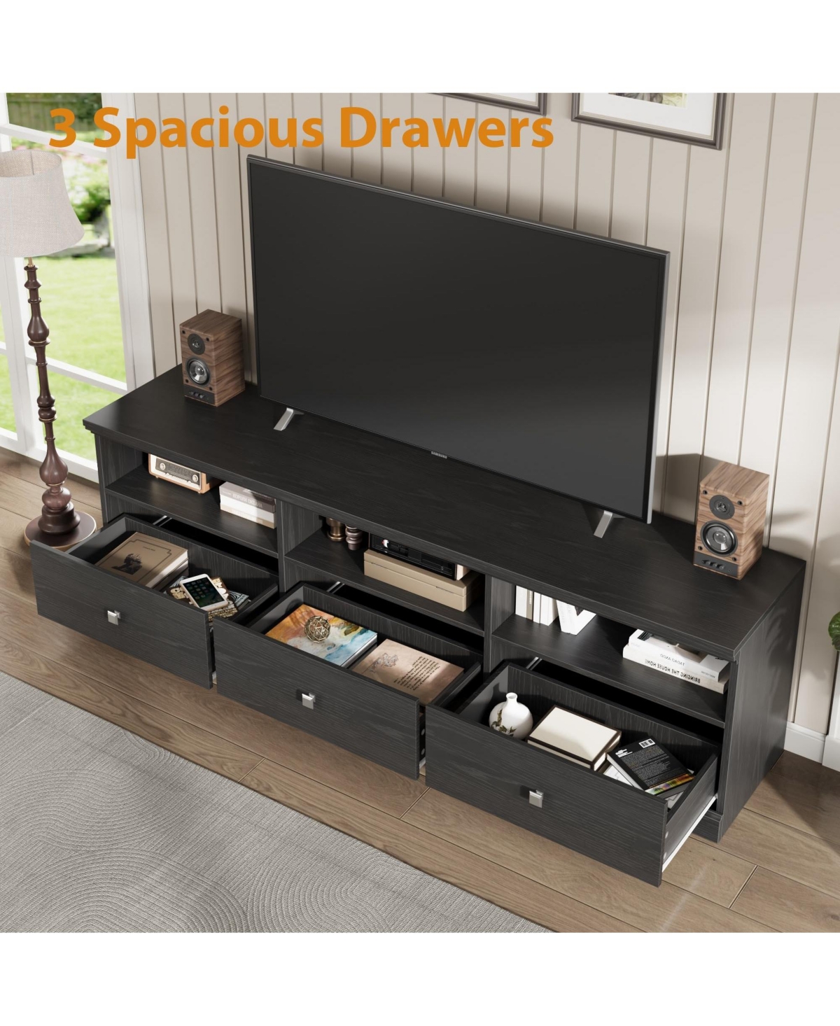 homfan Mid-Century Modern Tv Stand with Storage Drawers, Open Shelves and Cable Management - Durable Wood Entertainment Center Media Console