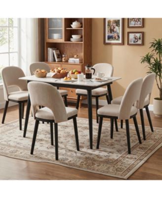 Set of 6 Upholstered Dining Chairs - Modern Linen Side Chairs - Thick Cushions, Curved Backrest - Sturdy Wood Legs - For Dining Room, Kitchen