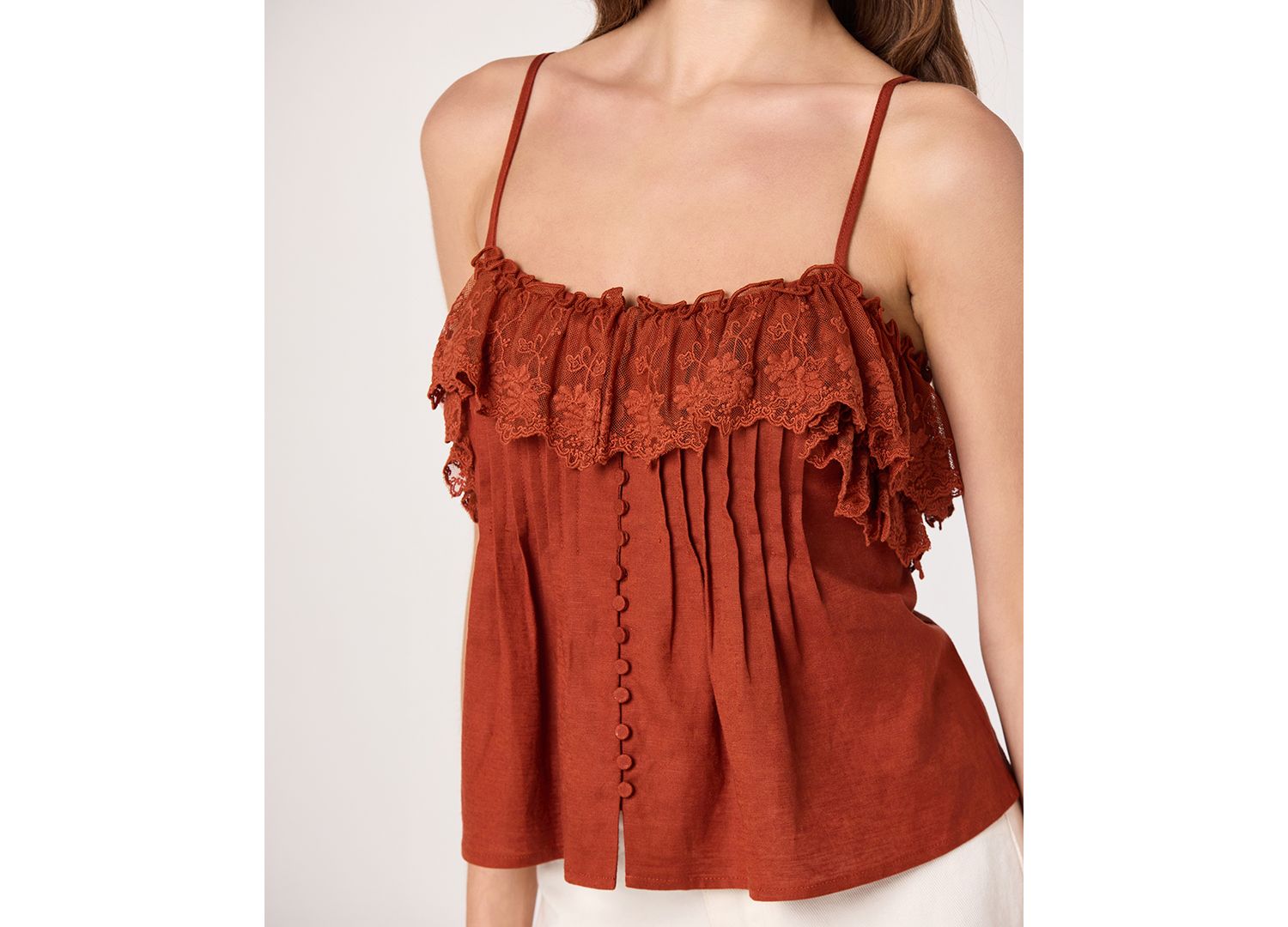 Women's Ruffled Lace Trim Straight Neck Tank Top