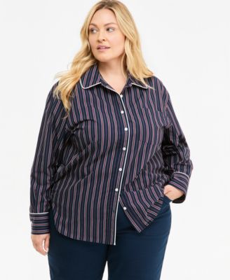 Plus Size Striped Poplin Long-Sleeve Button Down Shirt