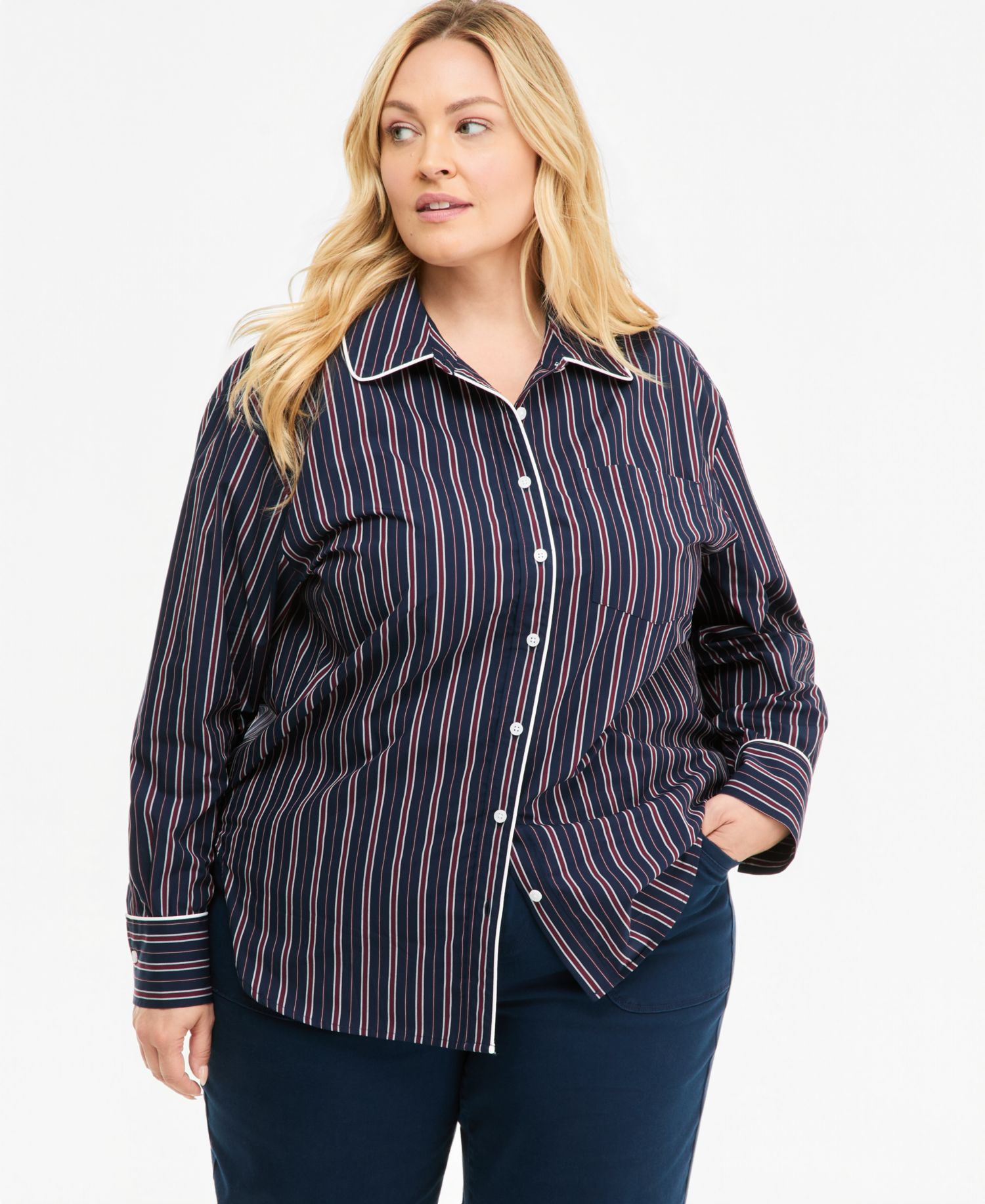 Plus Size Striped Poplin Long-Sleeve Button Down Shirt