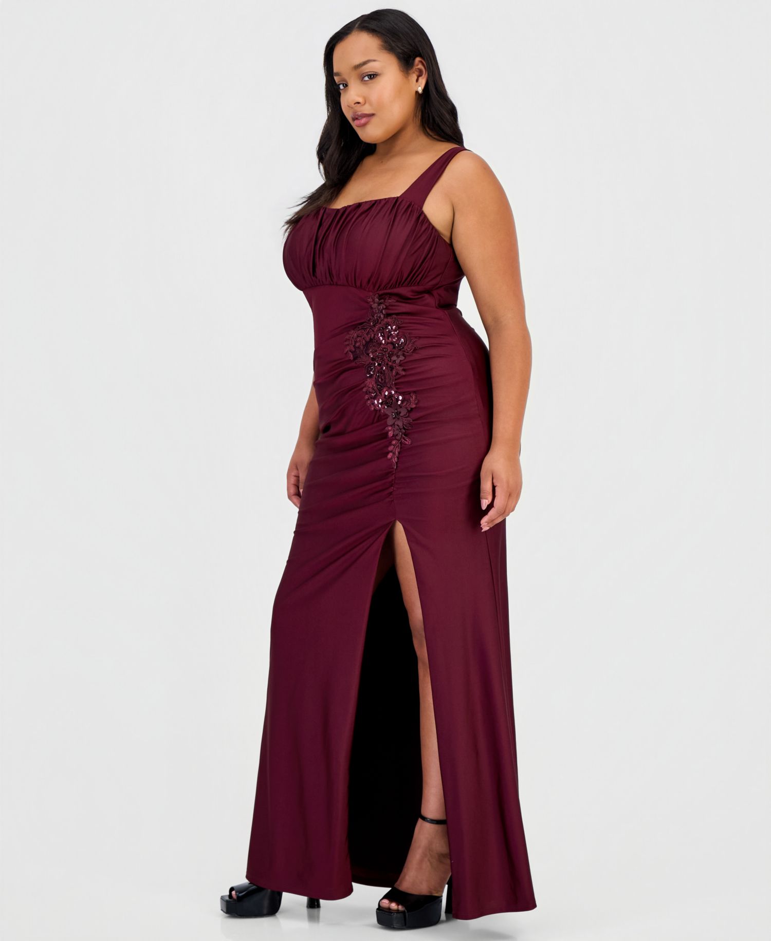 Trendy Plus Size Ruched Satin Appliqu&eacute; Gown