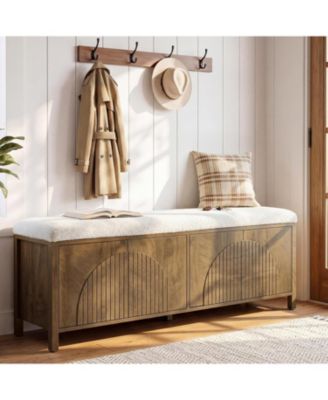 55" Shoe Storage Bench with Thickened Padded Seat Cushion, 2-Tier Wooden Farmhouse Indoor Entryway Bench with Pop-Up Doors
