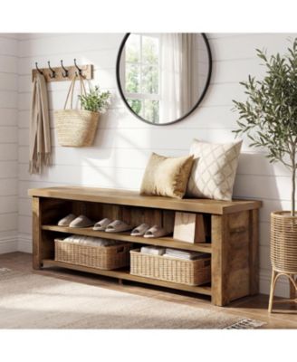 55.12" Entryway Bench with Storage, Farmhouse Shoe Storage Bench with 2-Tier Shelves, Shoe Rack