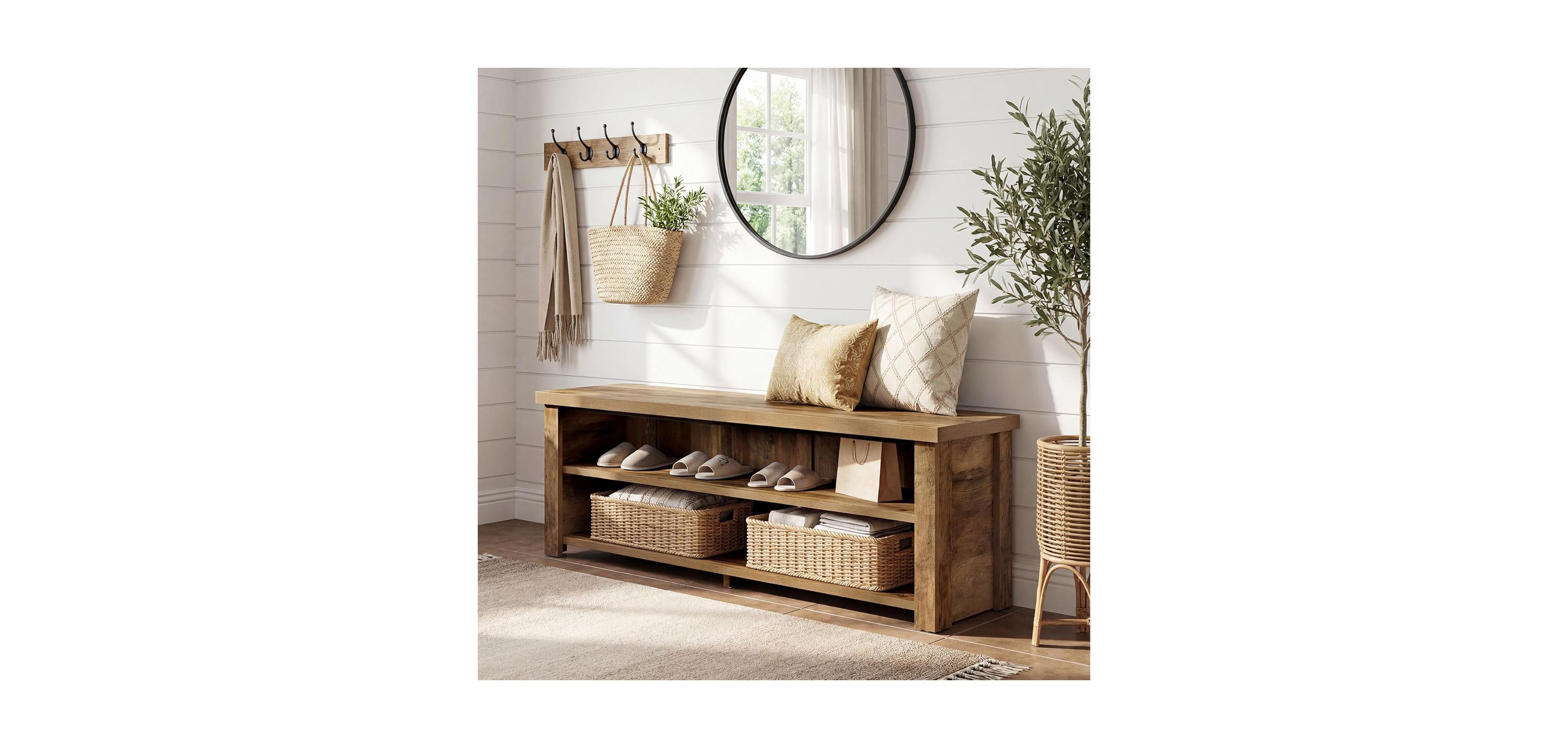 Tribesigns 55.12" Entryway Bench with Storage, Farmhouse Shoe Storage Bench with 2-Tier Shelves, Shoe Rack